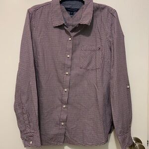 Tommy Hilfiger Women's Button Down Gingham Shirt (LARGE) red, white and blue.